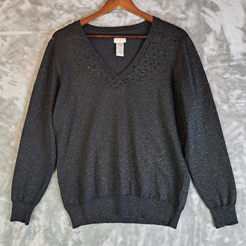 Jaclyn Smith Metallic Sweater XL Black Silver Sparkle Beaded V-Neck Holiday